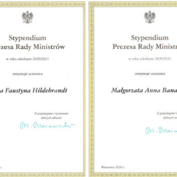 Stypendia Prezesa Rady Ministrów na rok szkolny 2020/2021 dla naszych uczennic